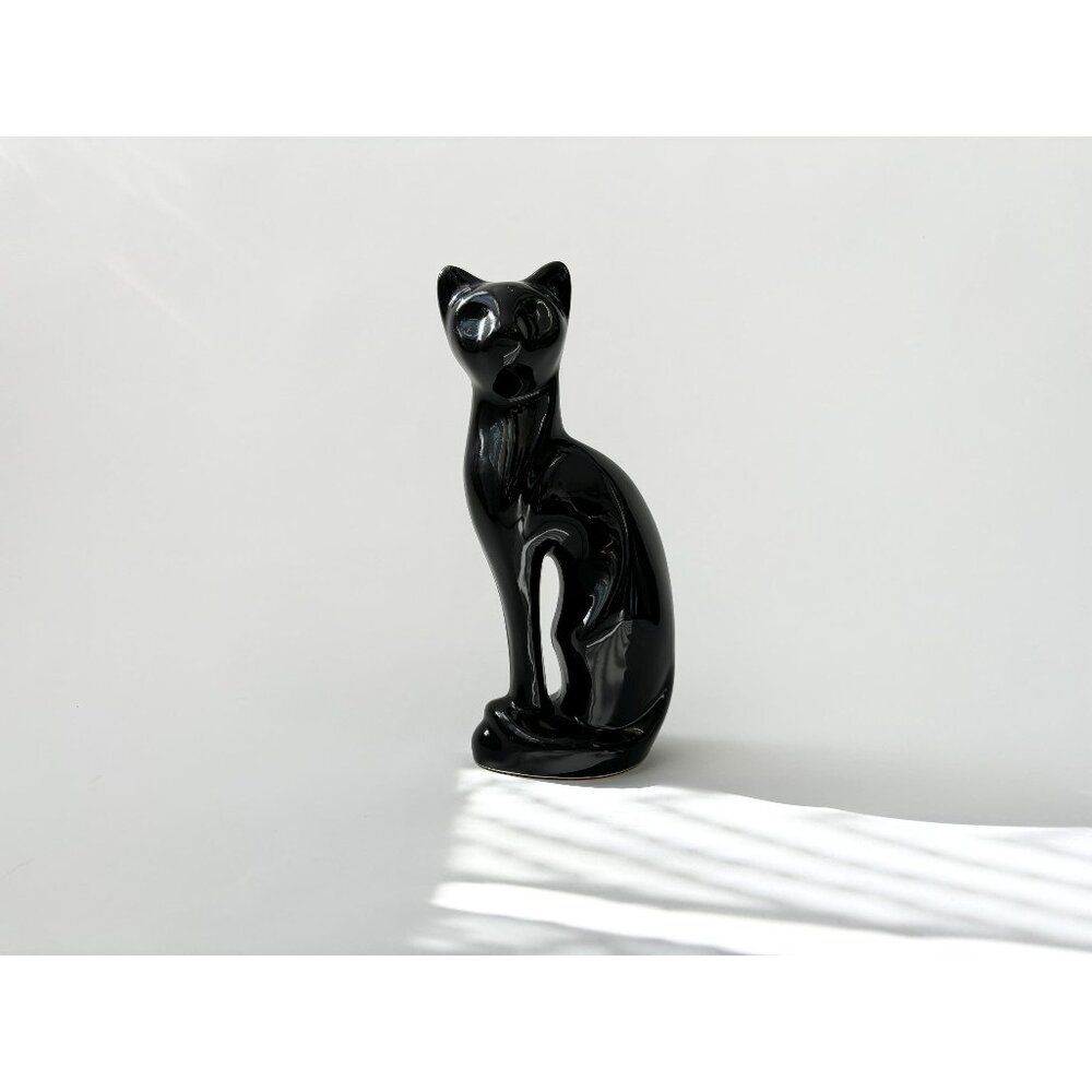 Midcentury Modern Black Ceramic Felt Bottom Vintage Tall Cat Statue - Picture 1 of 10